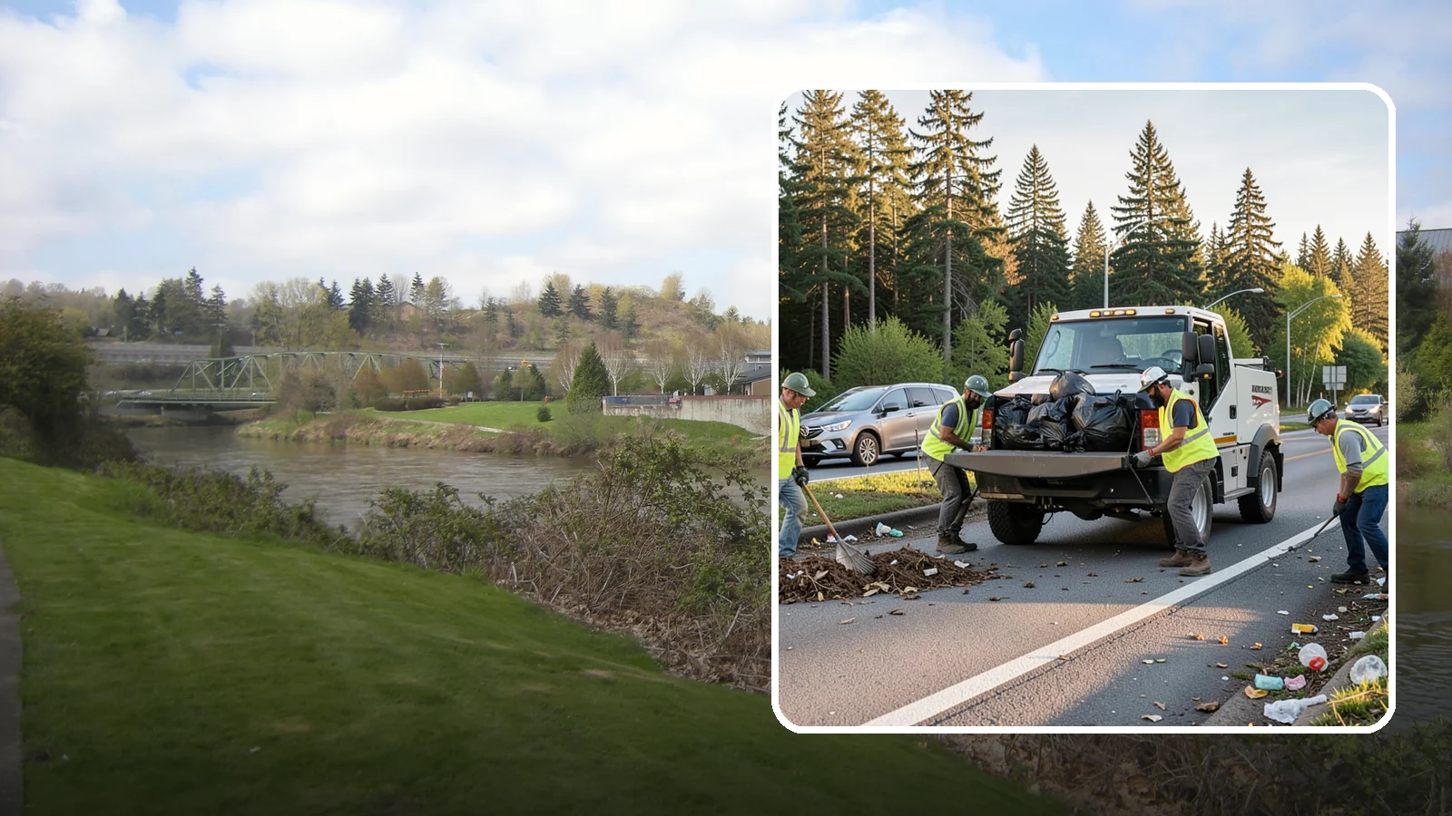 Roadside Cleanup in Tukwila, King County, WA - Litter and debris collection along arterials, highways, and adopt-a-road corridors under safe work-zone controls.