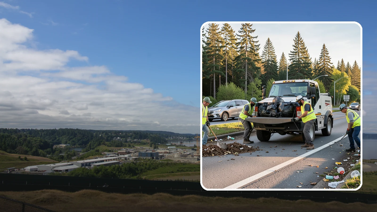Roadside Cleanup in University Place, Pierce County, WA - Litter and debris collection along arterials, highways, and adopt-a-road corridors under safe work-zone controls.