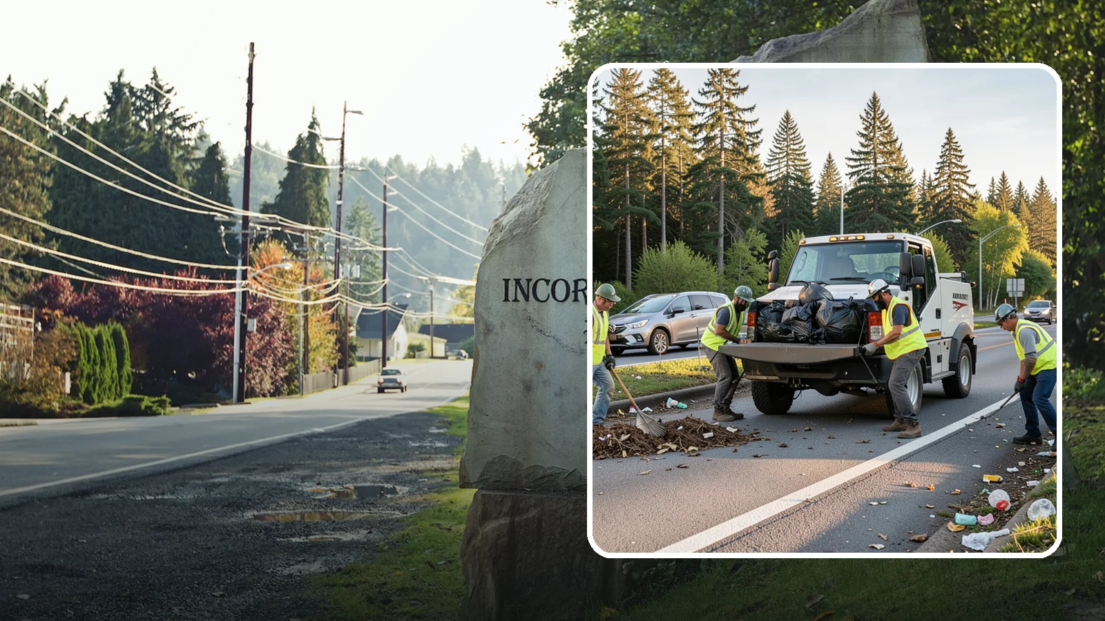 Roadside Cleanup in Wilkeson, Pierce County, WA - Litter and debris collection along arterials, highways, and adopt-a-road corridors under safe work-zone controls.
