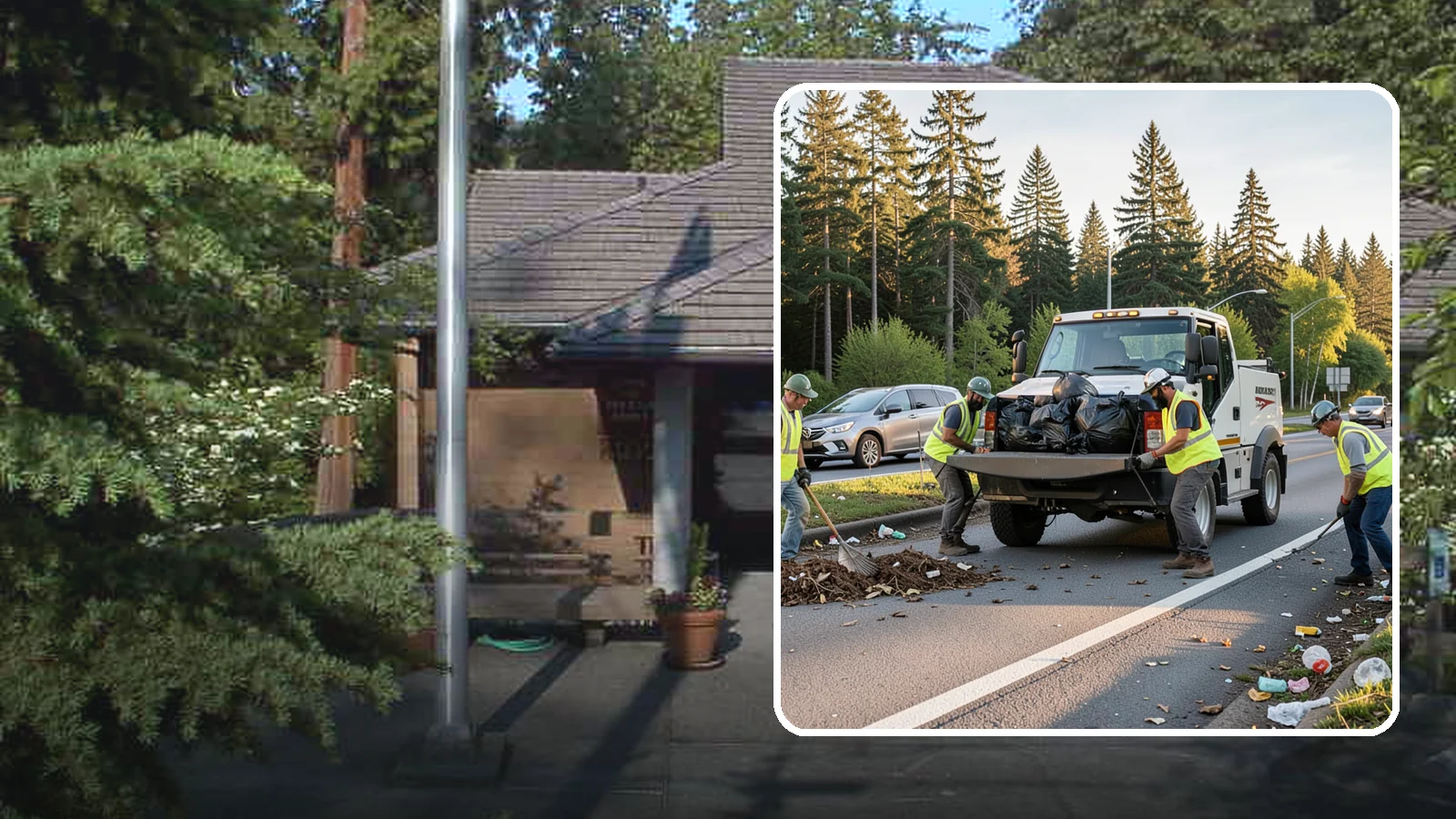 Roadside Cleanup in Yarrow Point, King County, WA - Litter and debris collection along arterials, highways, and adopt-a-road corridors under safe work-zone controls.