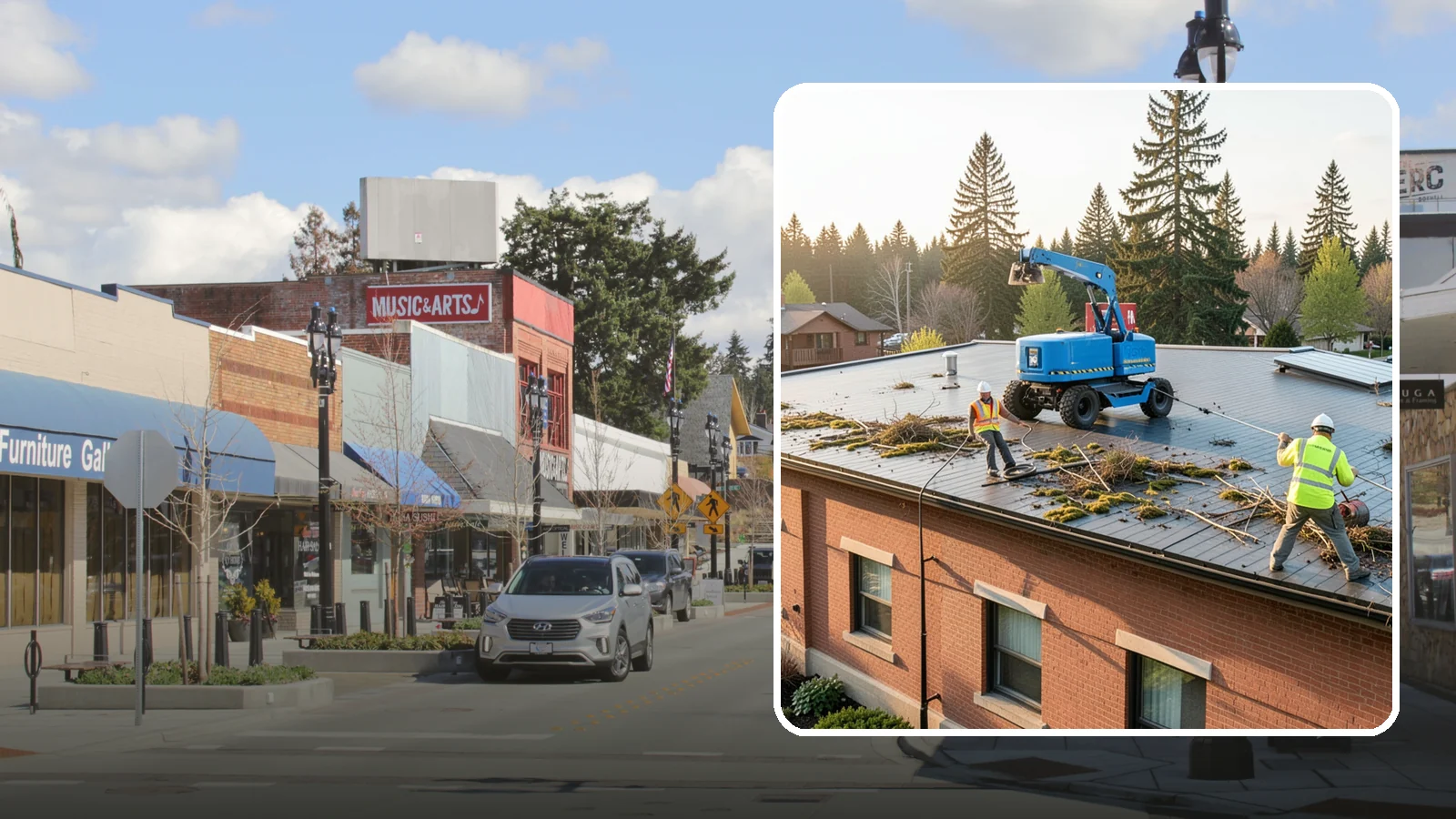 Roof Cleaning in Bothell, King County, WA - Safe roof cleaning that removes moss and debris to protect public building roofs.