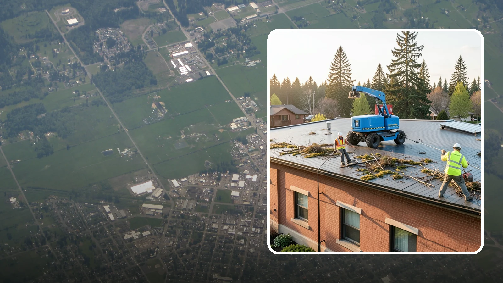 Roof Cleaning in Enumclaw, King County, WA - Safe roof cleaning that removes moss and debris to protect public building roofs.