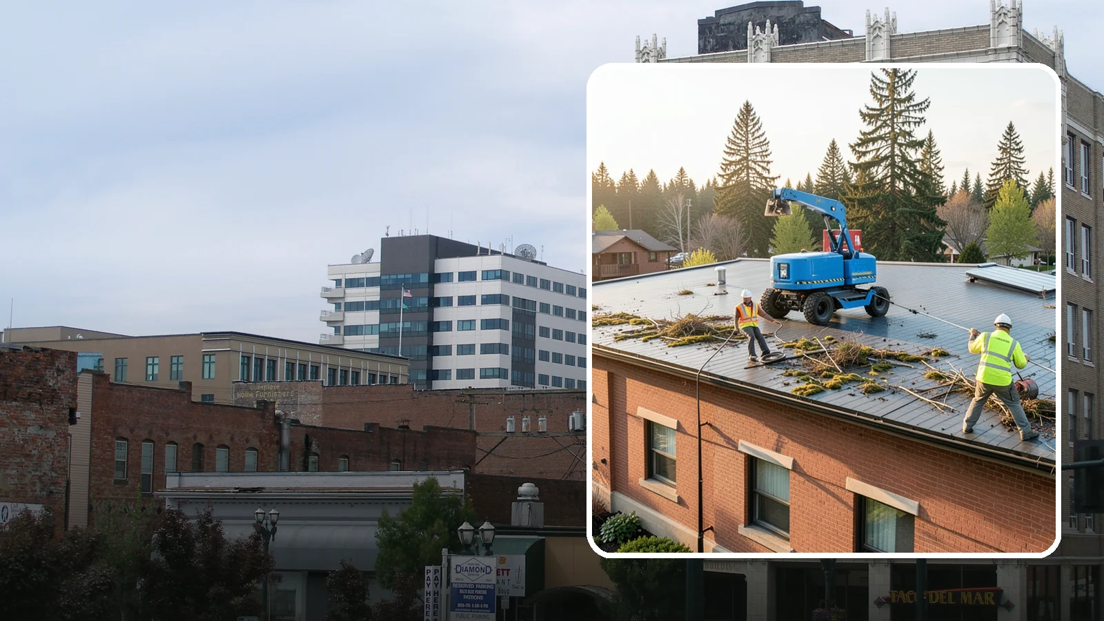 Roof Cleaning in Everett, Snohomish County, WA - Safe roof cleaning that removes moss and debris to protect public building roofs.