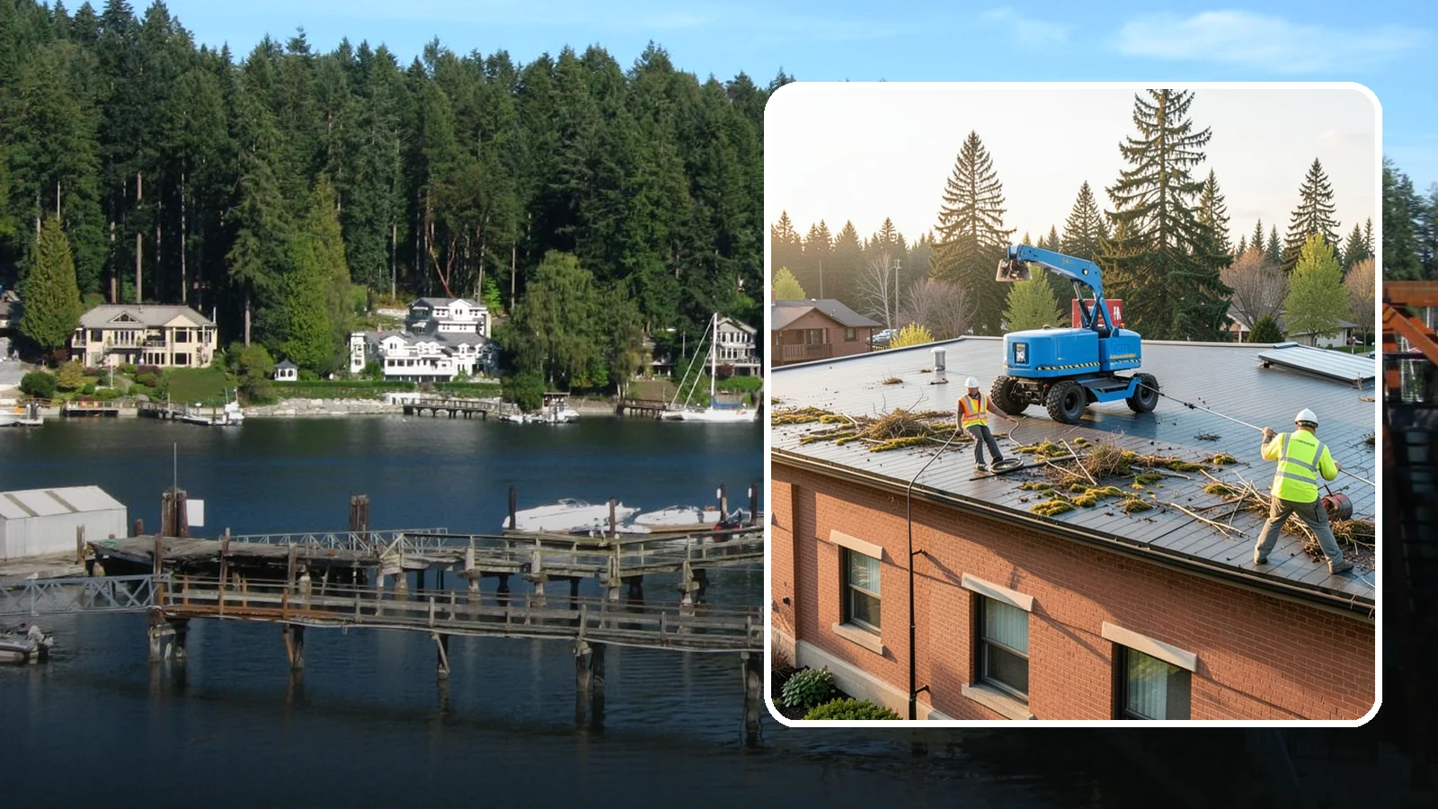 Roof Cleaning in Gig Harbor, Pierce County, WA - Safe roof cleaning that removes moss and debris to protect public building roofs.