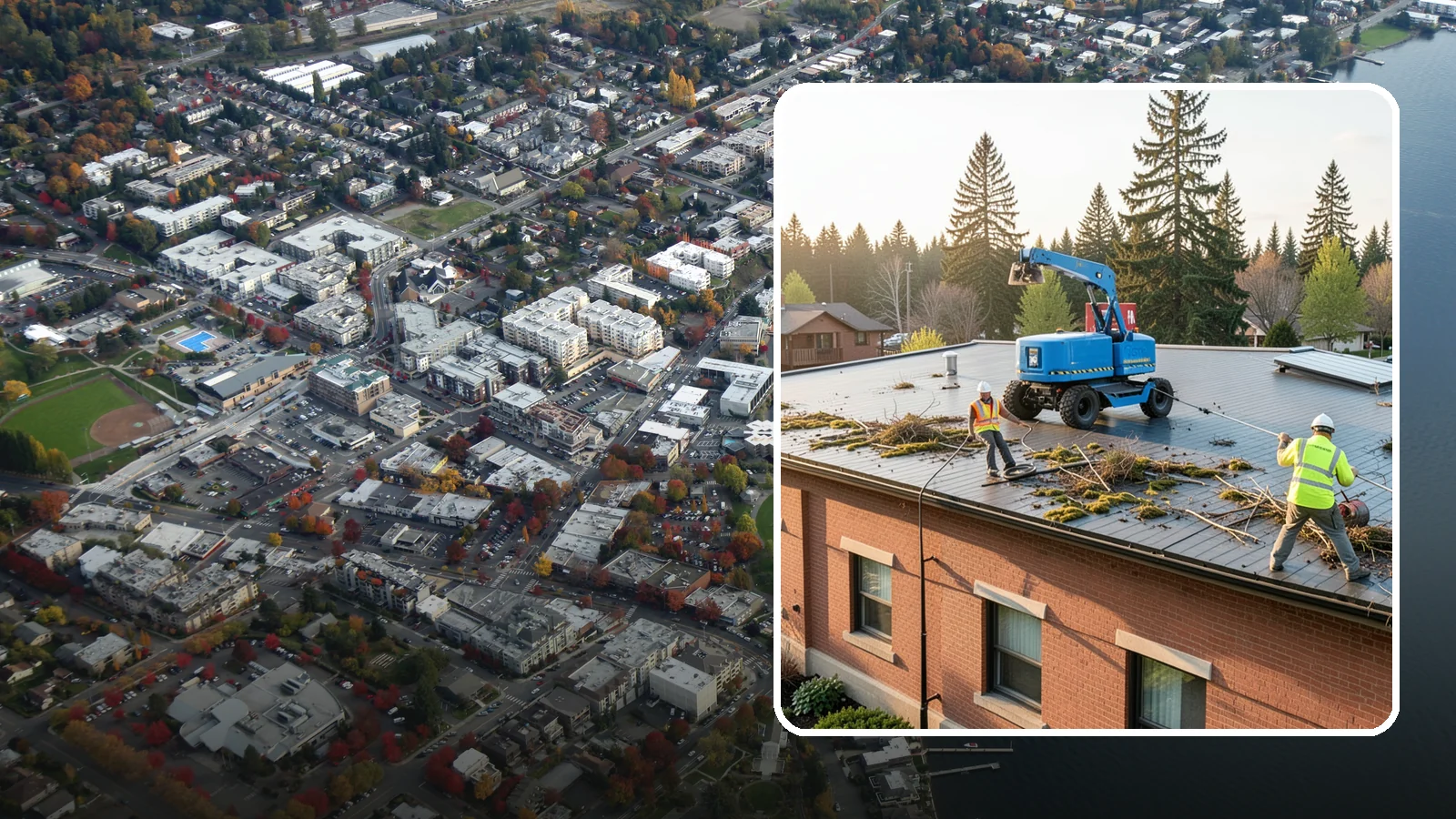 Roof Cleaning in Kirkland, King County, WA - Safe roof cleaning that removes moss and debris to protect public building roofs.