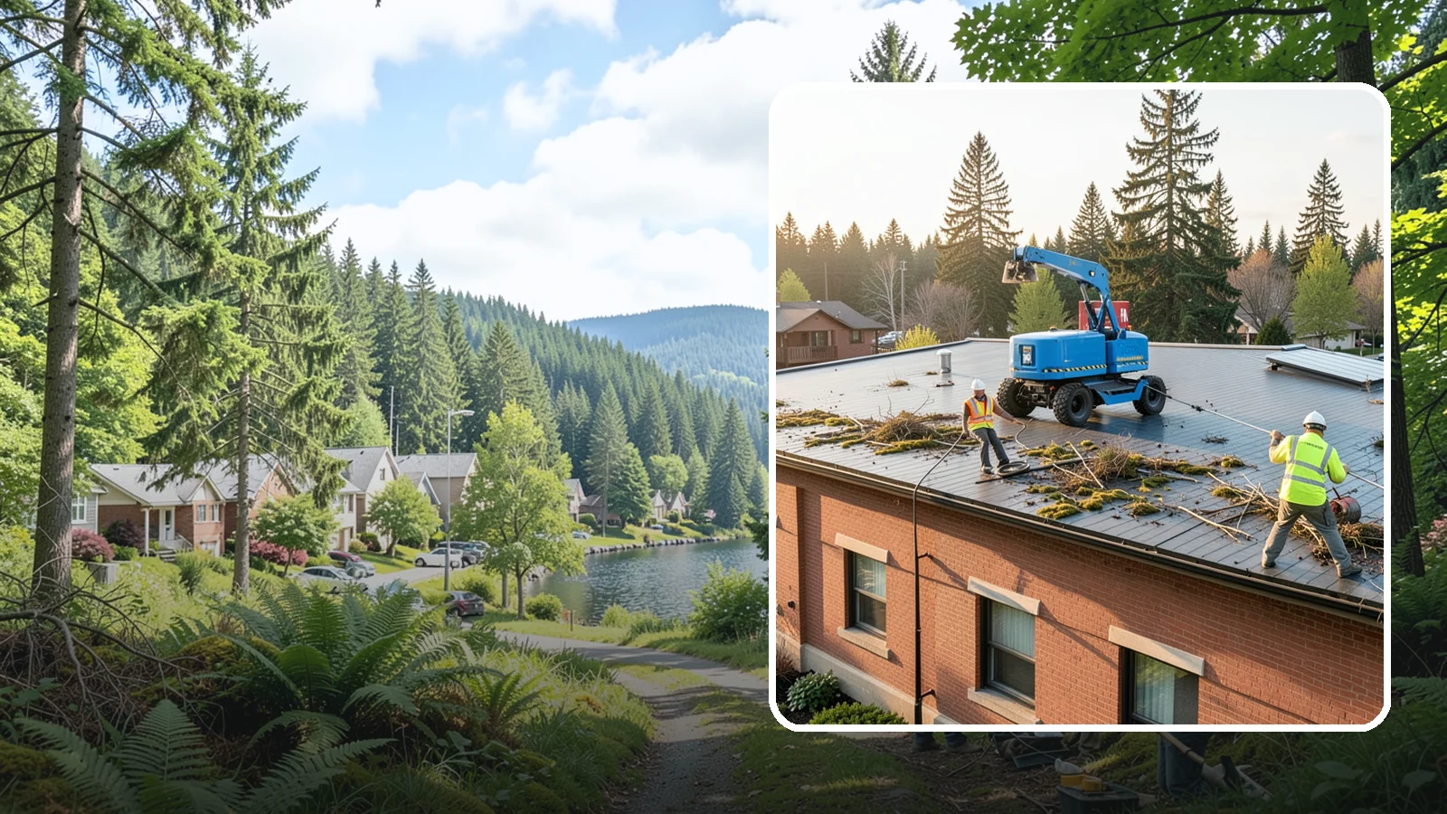 Roof Cleaning in Lake Forest Park, King County, WA - Safe roof cleaning that removes moss and debris to protect public building roofs.