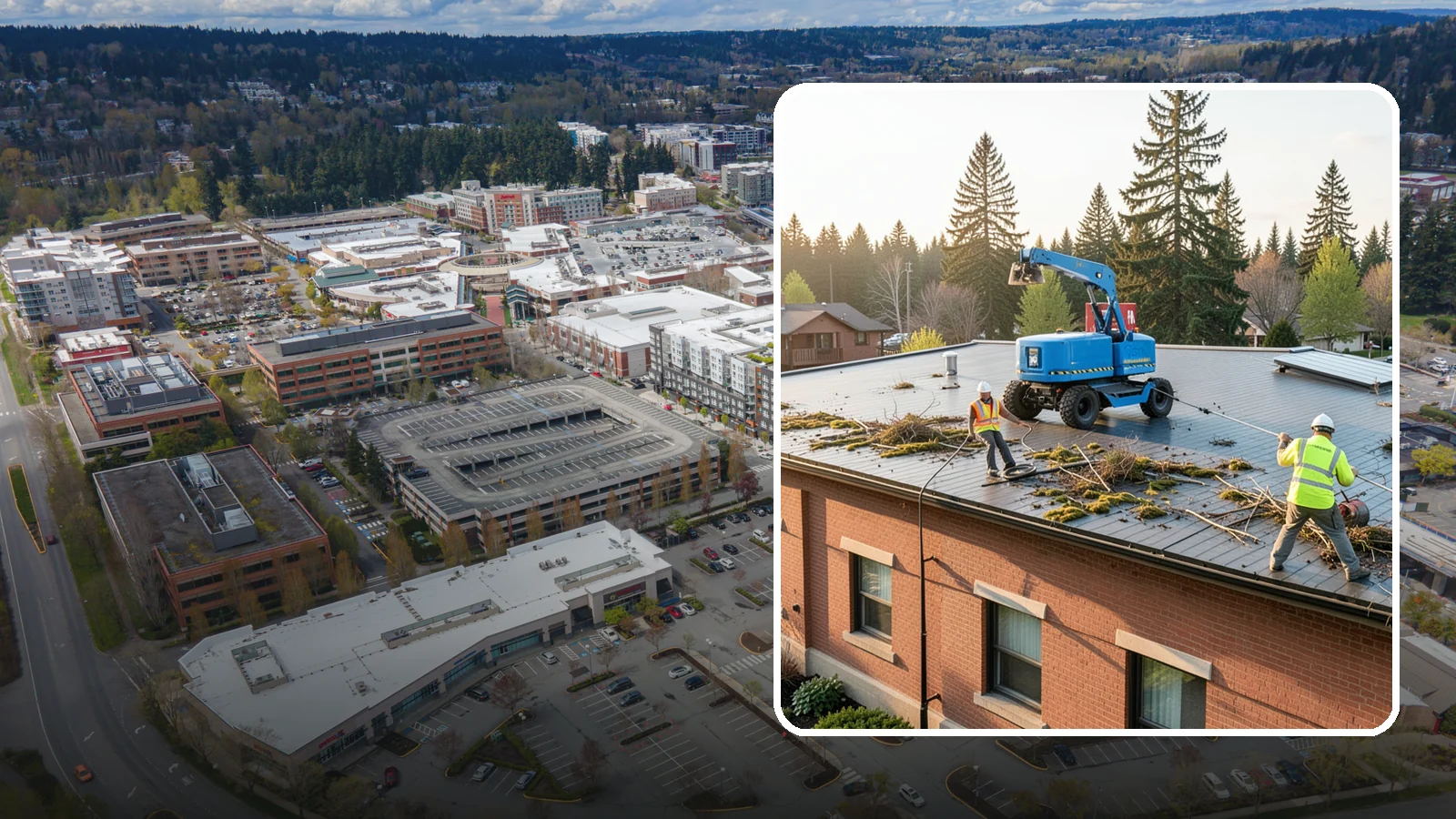 Roof Cleaning in Redmond, King County, WA - Safe roof cleaning that removes moss and debris to protect public building roofs.