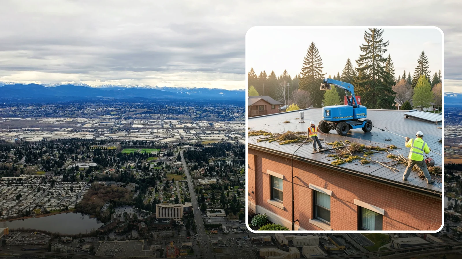 Roof Cleaning in SeaTac, King County, WA - Safe roof cleaning that removes moss and debris to protect public building roofs.