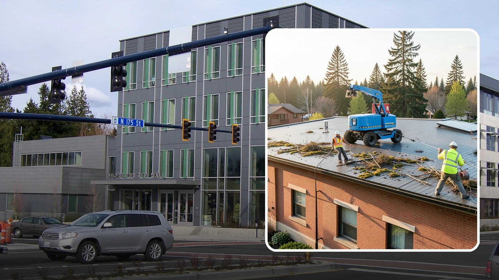 Roof Cleaning in Shoreline, King County, WA - Safe roof cleaning that removes moss and debris to protect public building roofs.