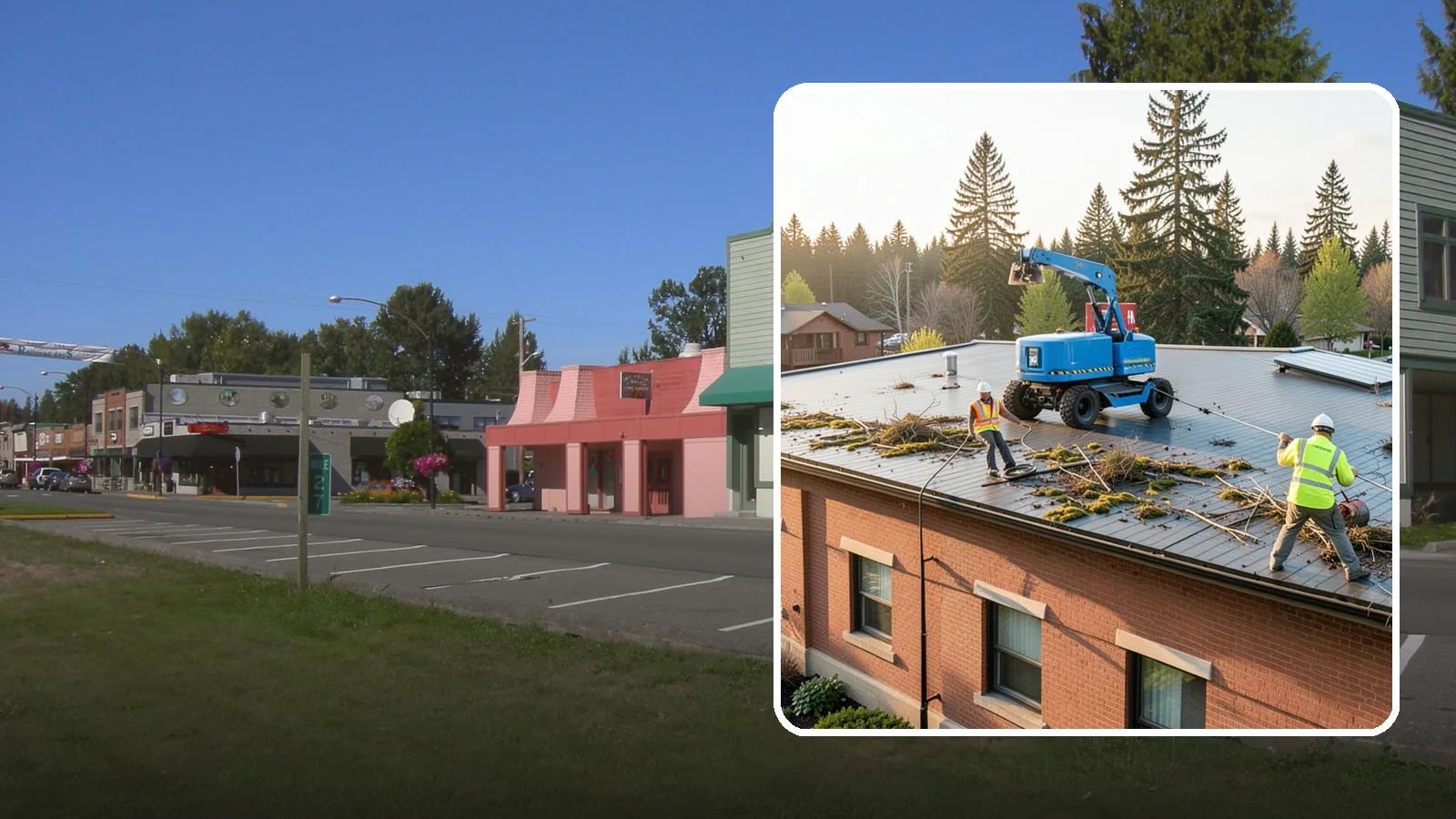 Roof Cleaning in Snoqualmie, King County, WA - Safe roof cleaning that removes moss and debris to protect public building roofs.