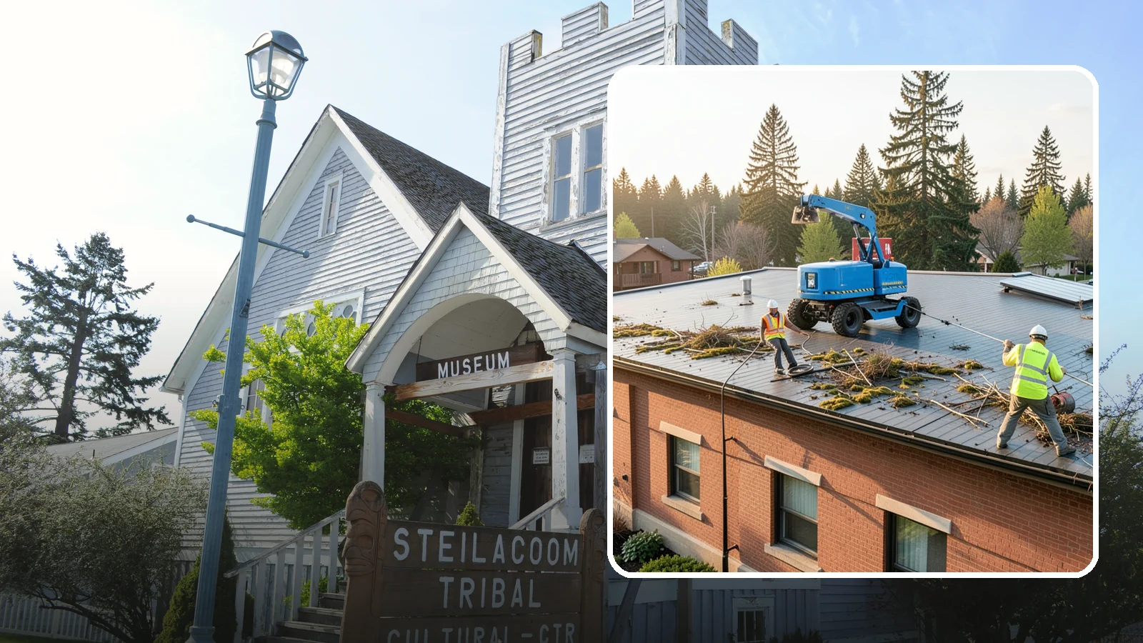 Roof Cleaning in Steilacoom, Pierce County, WA - Safe roof cleaning that removes moss and debris to protect public building roofs.