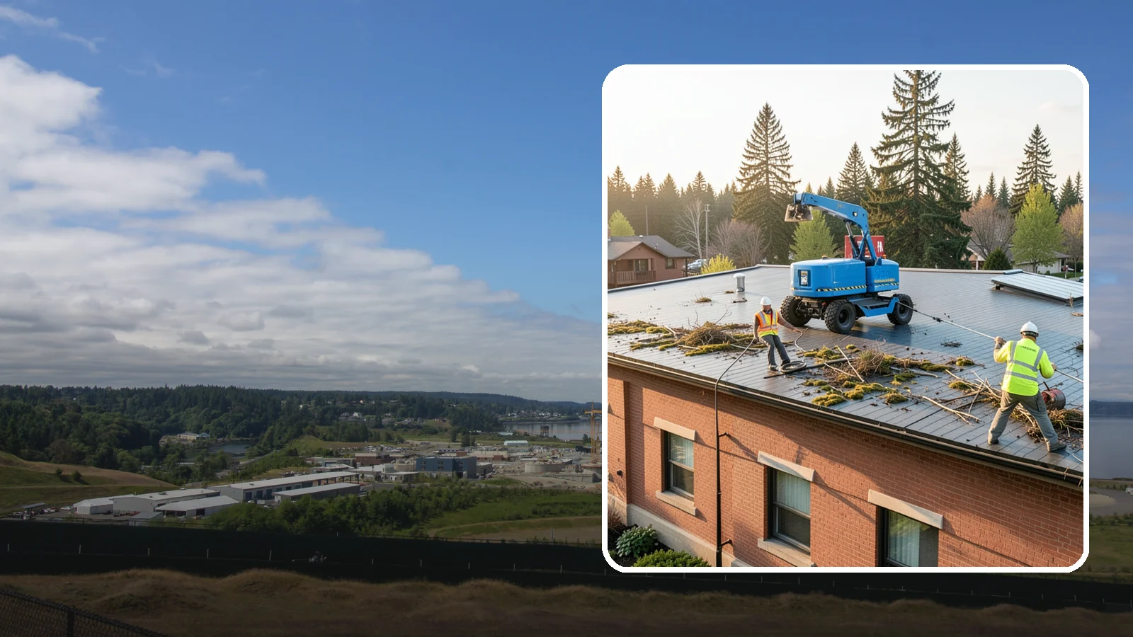 Roof Cleaning in University Place, Pierce County, WA - Safe roof cleaning that removes moss and debris to protect public building roofs.