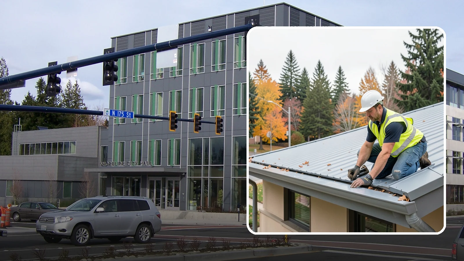 Roof Drain Maintenance in Shoreline, King County, WA - Roof drain and downspout maintenance that protects public building roofs from ponding and water damage.