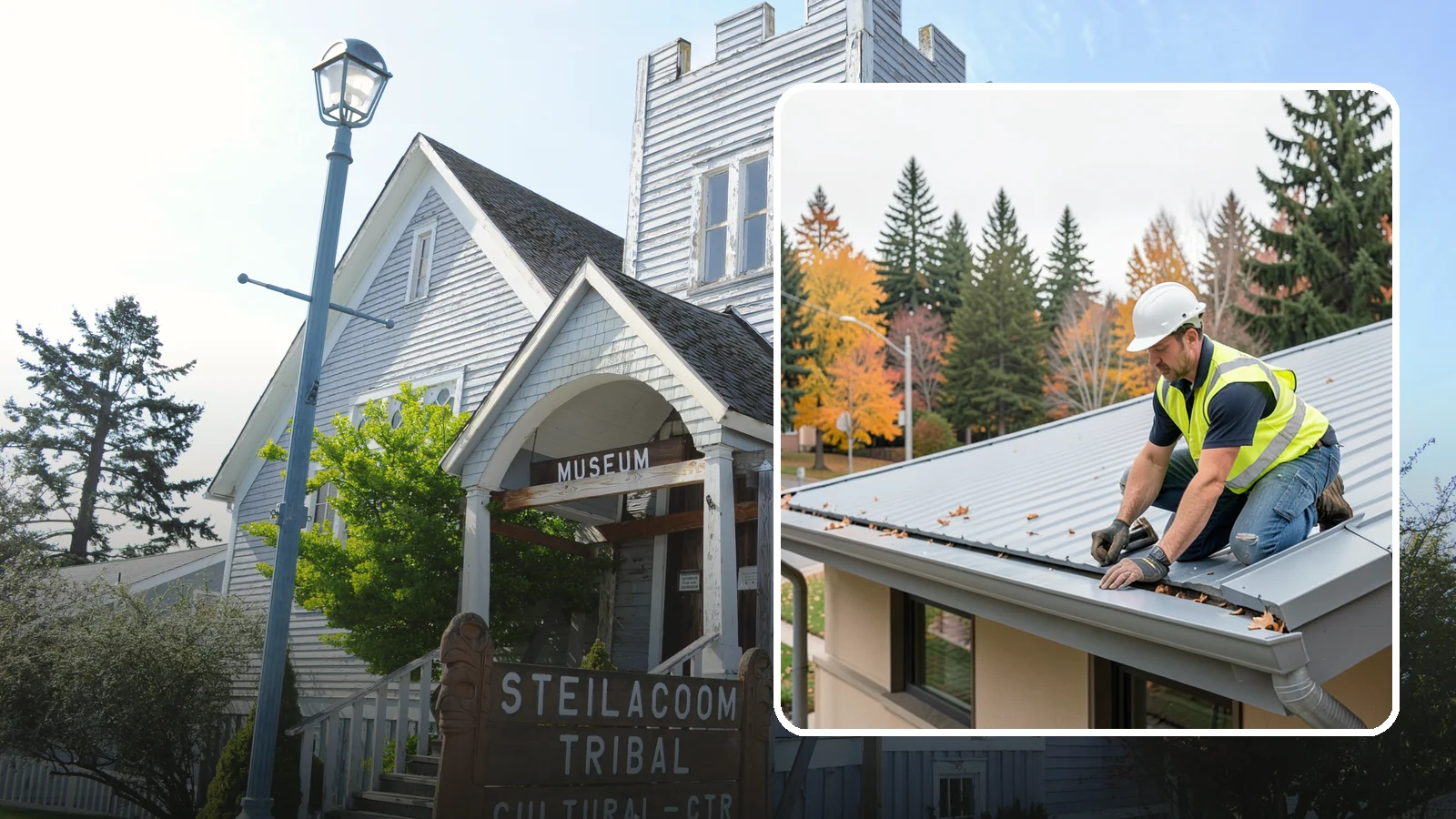 Roof Drain Maintenance in Steilacoom, Pierce County, WA - Roof drain and downspout maintenance that protects public building roofs from ponding and water damage.