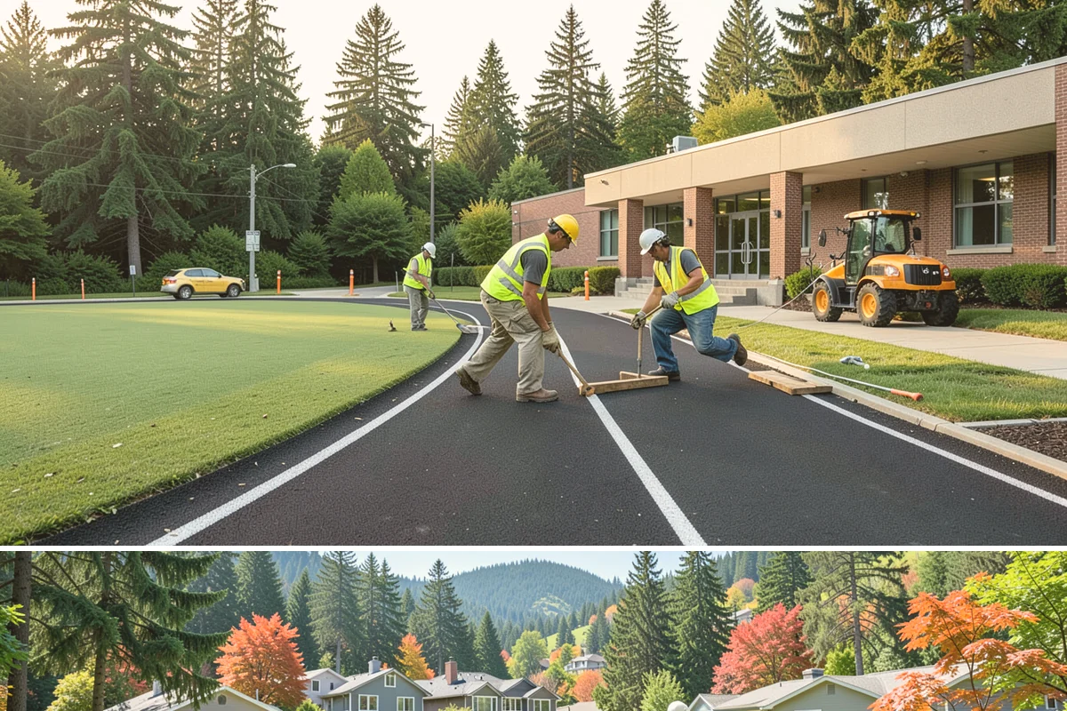 Running Track Maintenance in Fircrest, Pierce County, WA - Repairs and relining are scheduled in warm, dry weather when patch materials and coatings cure properly.