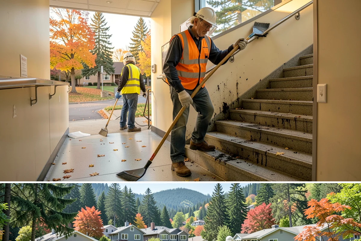 Senior Center Grounds Maintenance in Fircrest, Pierce County, WA - Moss and leaf removal on walkways is most critical through the wet months from October to March.