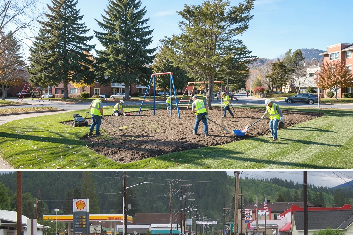 Senior Center Grounds Maintenance in Granite Falls, Snohomish County, WA - Moss and leaf removal on walkways is most critical through the wet months from October to March.