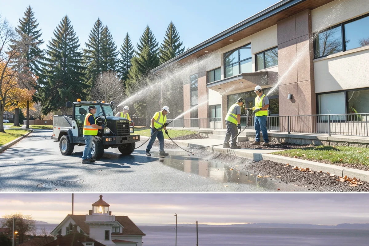 Senior Center Grounds Maintenance in Mukilteo, Snohomish County, WA - Moss and leaf removal on walkways is most critical through the wet months from October to March.