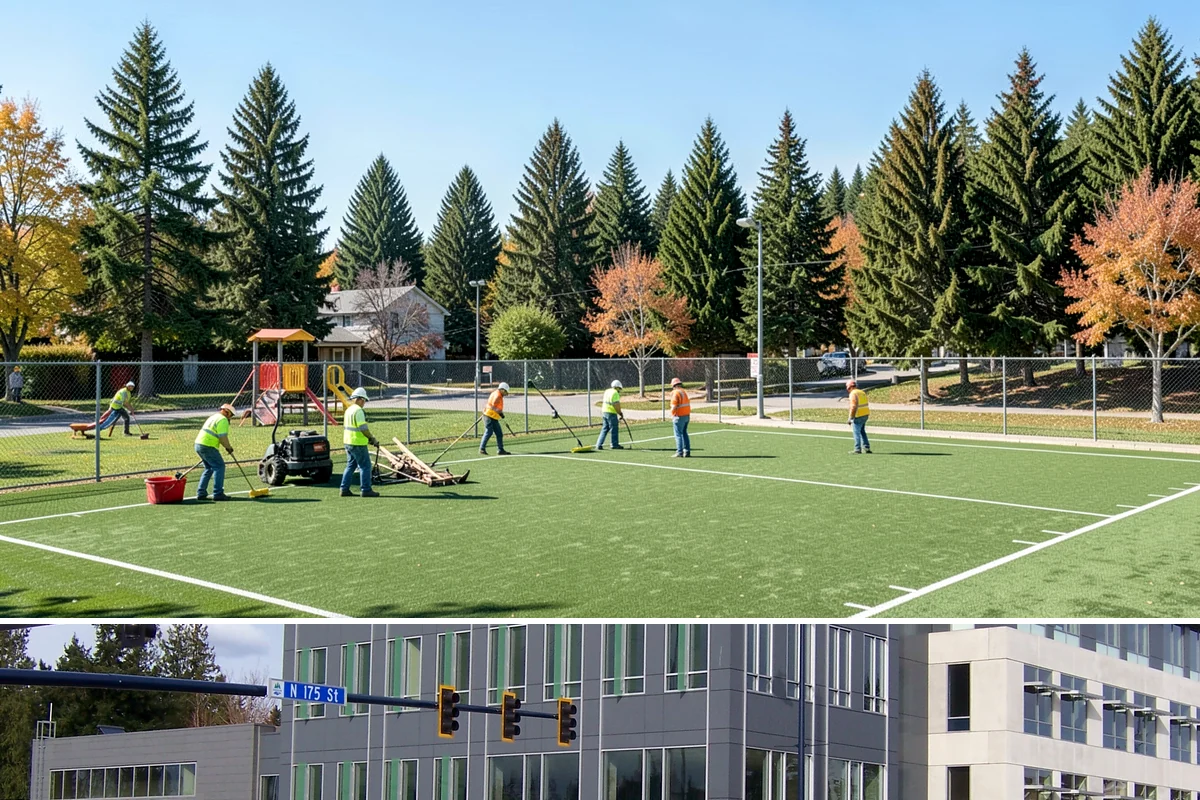 Senior Center Grounds Maintenance in Shoreline, King County, WA - Moss and leaf removal on walkways is most critical through the wet months from October to March.