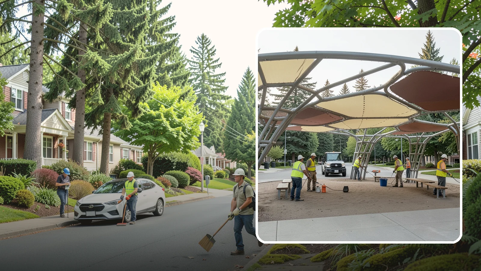 Shade Sail Installation in Beaux Arts Village, King County, WA - Engineered shade sail and structure installation providing UV protection over play areas, seating, and gathering spaces.