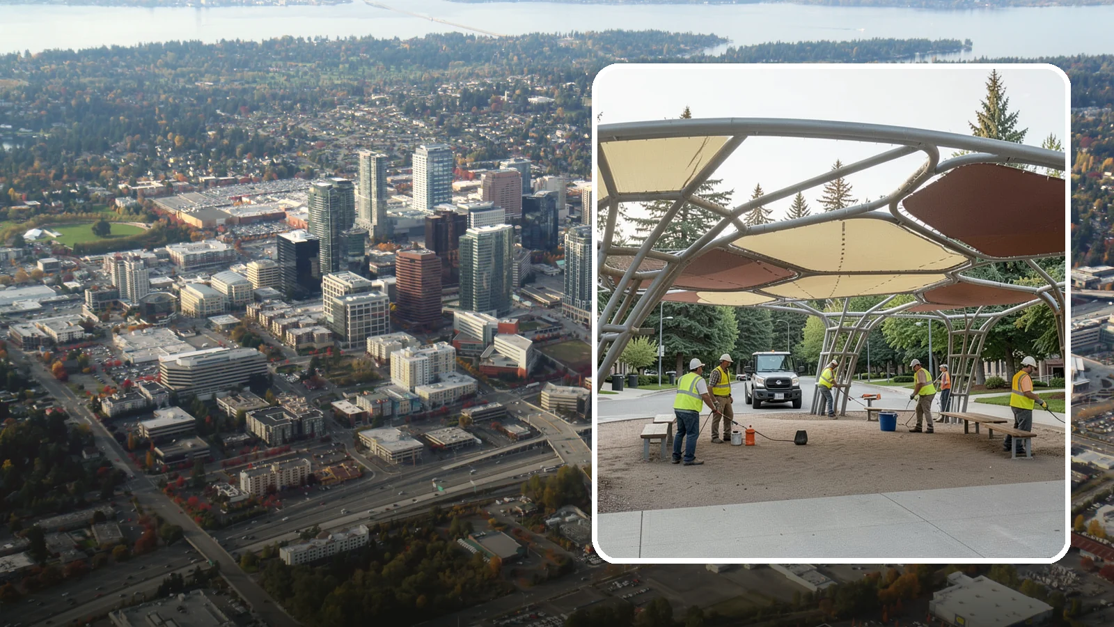 Shade Sail Installation in Bellevue, King County, WA - Engineered shade sail and structure installation providing UV protection over play areas, seating, and gathering spaces.