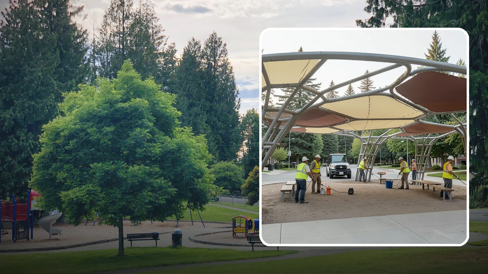 Shade Sail Installation in Bonney Lake, Pierce County, WA - Engineered shade sail and structure installation providing UV protection over play areas, seating, and gathering spaces.
