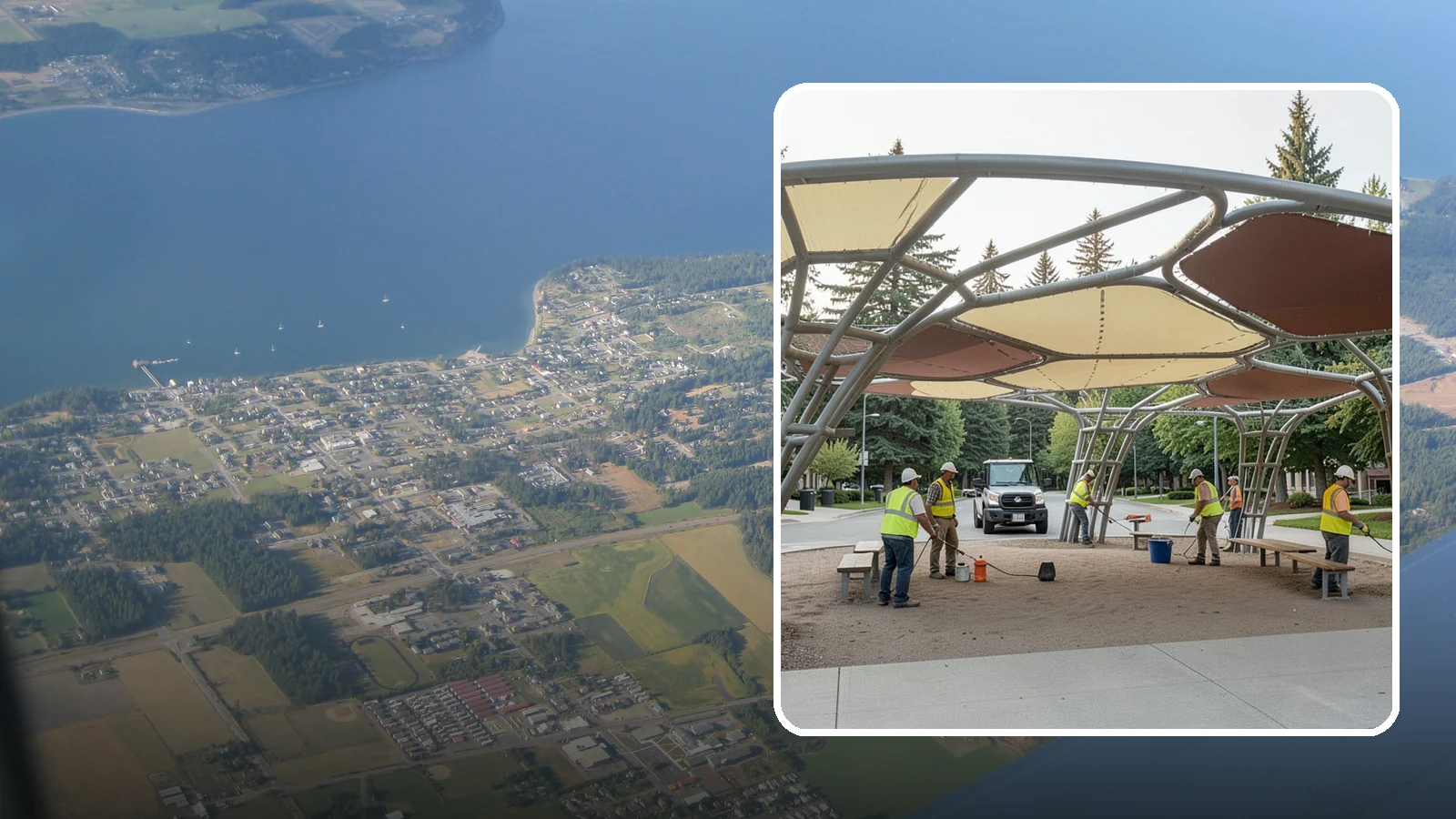 Shade Sail Installation in Coupeville, Island County, WA - Engineered shade sail and structure installation providing UV protection over play areas, seating, and gathering spaces.