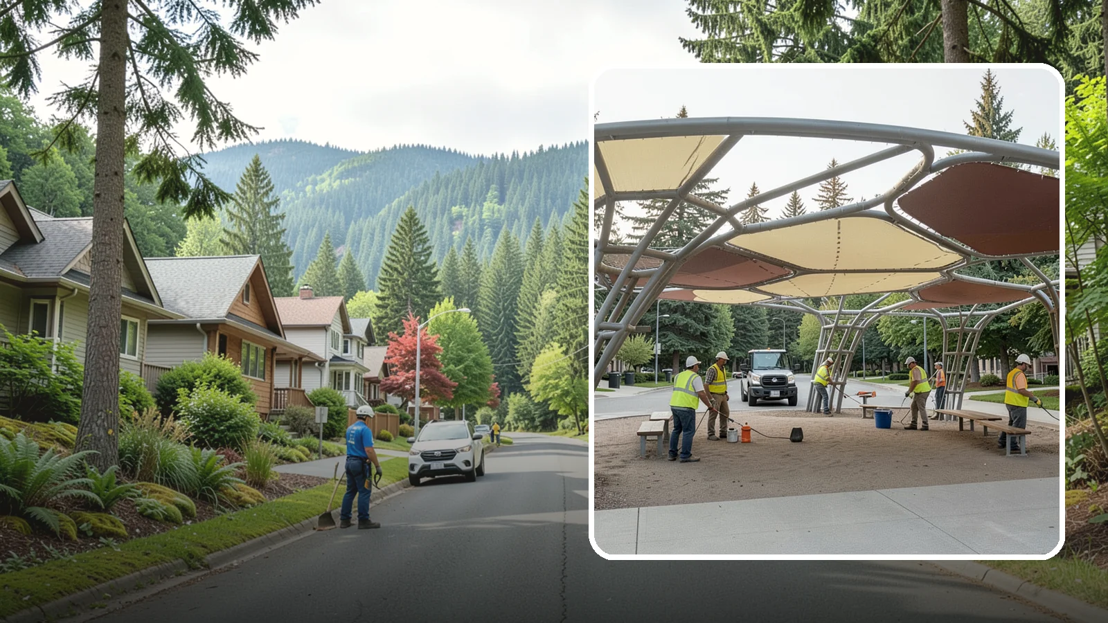 Shade Sail Installation in Darrington, Snohomish County, WA - Engineered shade sail and structure installation providing UV protection over play areas, seating, and gathering spaces.