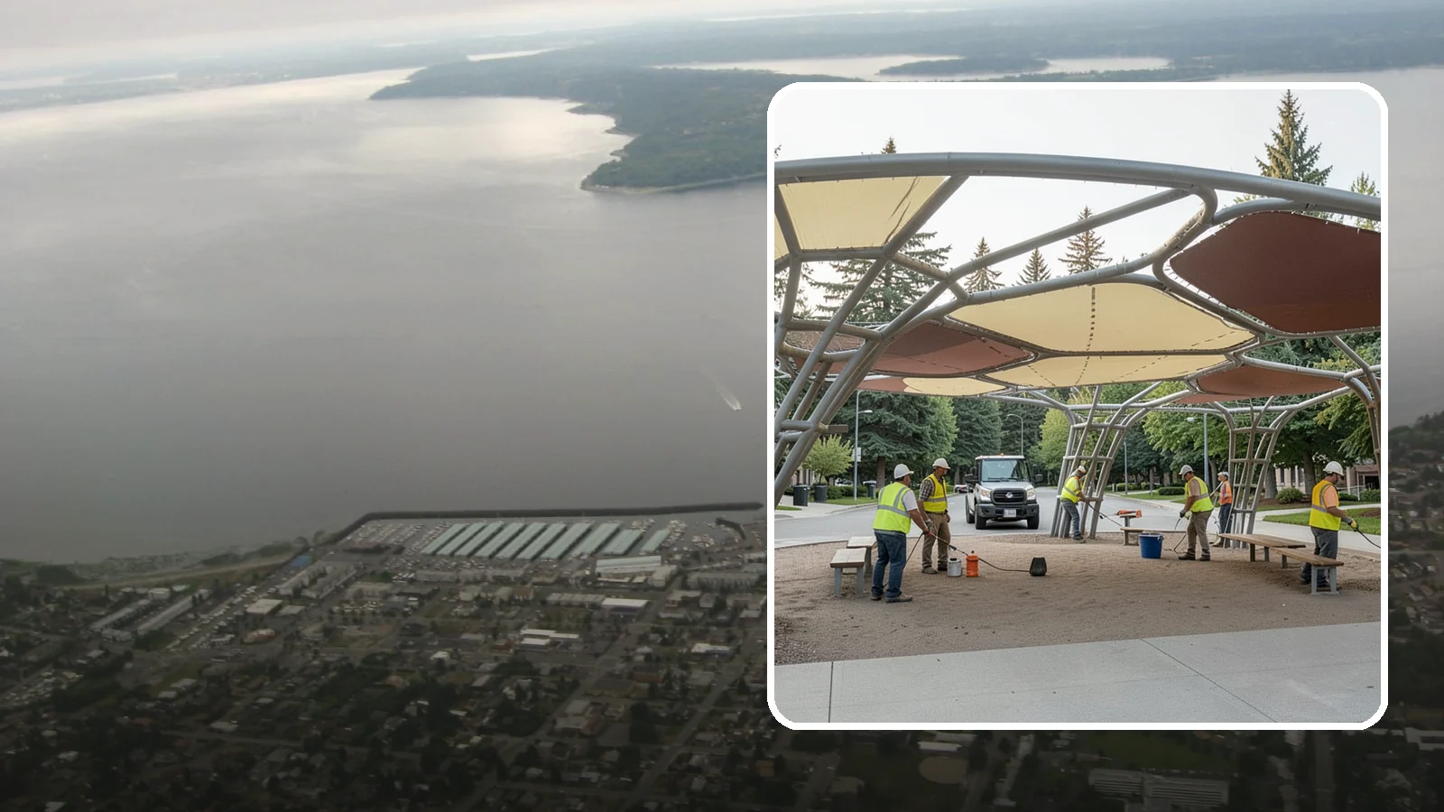 Shade Sail Installation in Des Moines, King County, WA - Engineered shade sail and structure installation providing UV protection over play areas, seating, and gathering spaces.