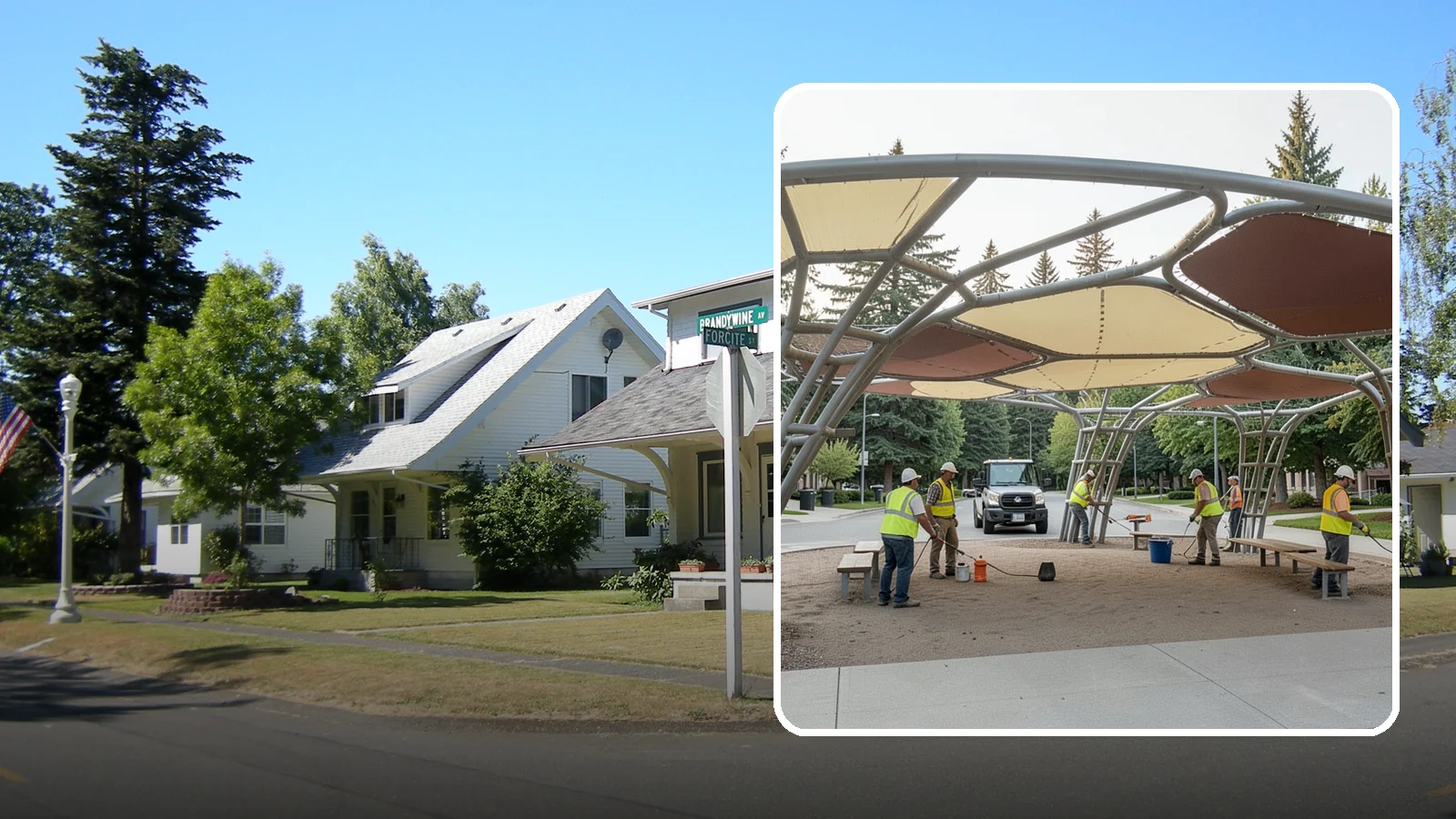 Shade Sail Installation in DuPont, Pierce County, WA - Engineered shade sail and structure installation providing UV protection over play areas, seating, and gathering spaces.