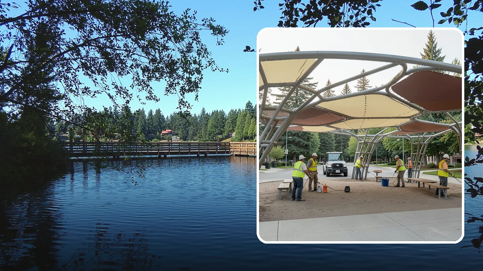 Shade Sail Installation in Federal Way, King County, WA - Engineered shade sail and structure installation providing UV protection over play areas, seating, and gathering spaces.