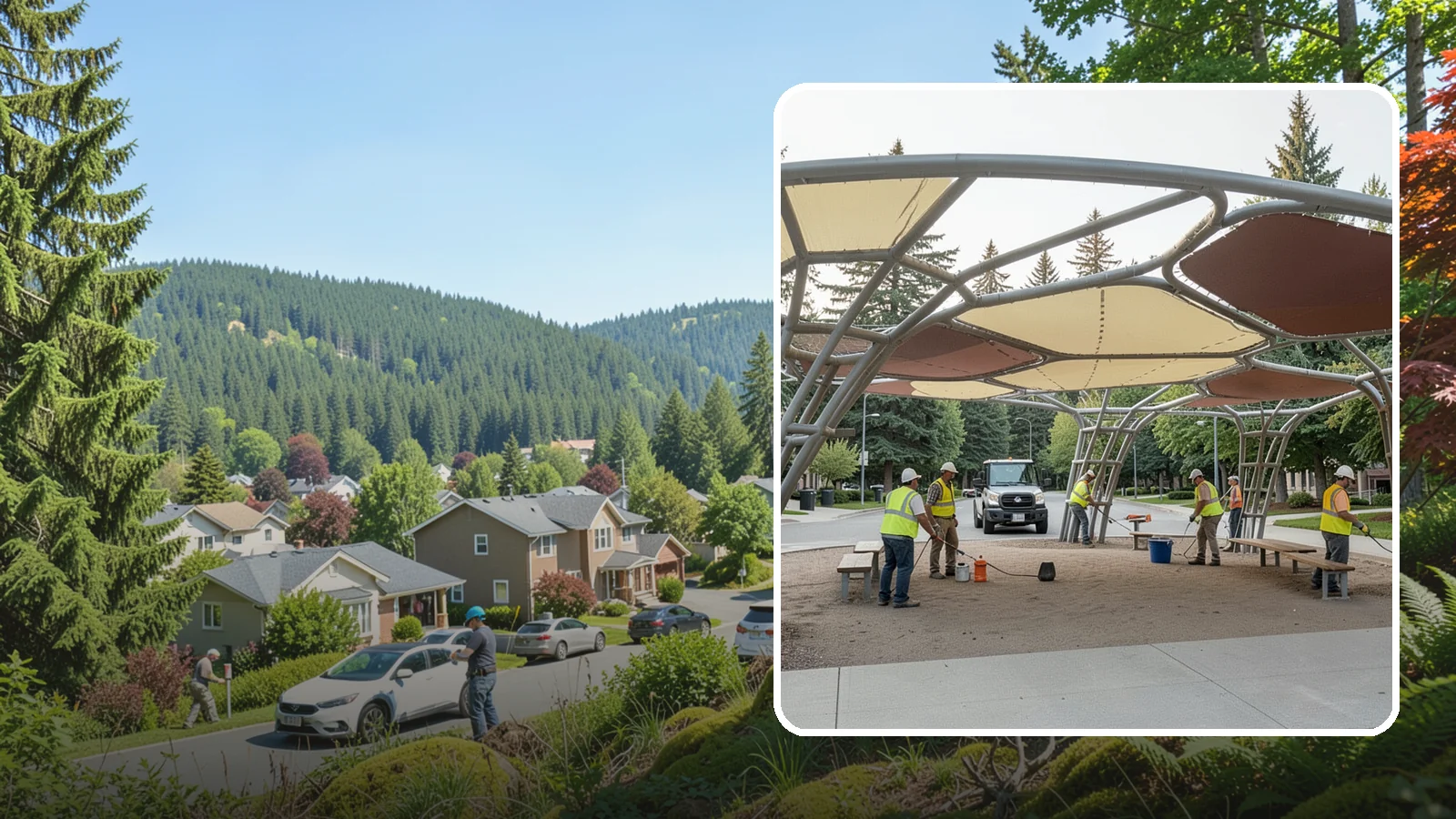 Shade Sail Installation in Index, Snohomish County, WA - Engineered shade sail and structure installation providing UV protection over play areas, seating, and gathering spaces.