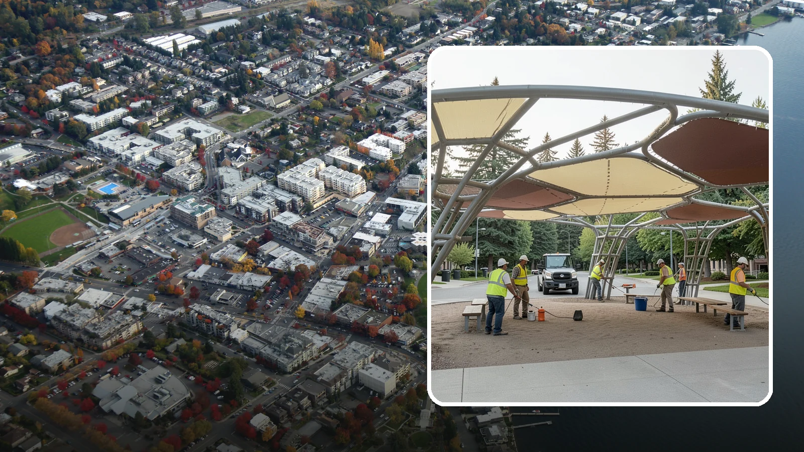 Shade Sail Installation in Kirkland, King County, WA - Engineered shade sail and structure installation providing UV protection over play areas, seating, and gathering spaces.