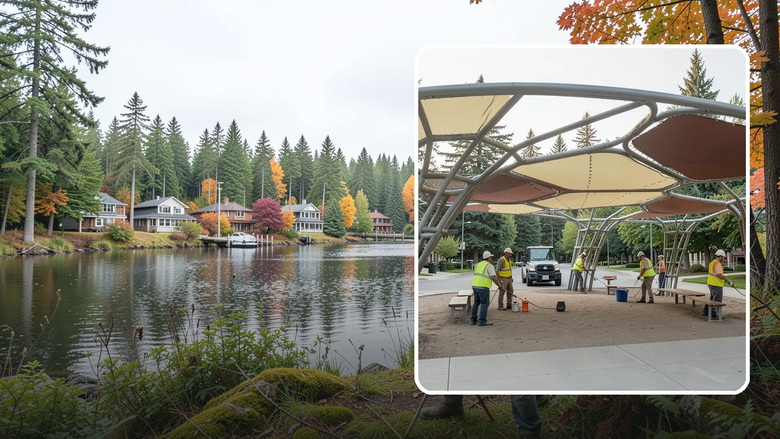 Shade Sail Installation in La Conner, Skagit County, WA - Engineered shade sail and structure installation providing UV protection over play areas, seating, and gathering spaces.