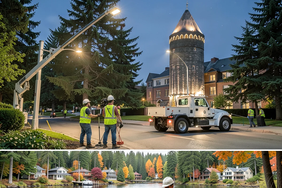 Shade Sail Installation in La Conner, Skagit County, WA - Shade structures are best installed in spring so they are in place for the sunniest summer months of heaviest park use.