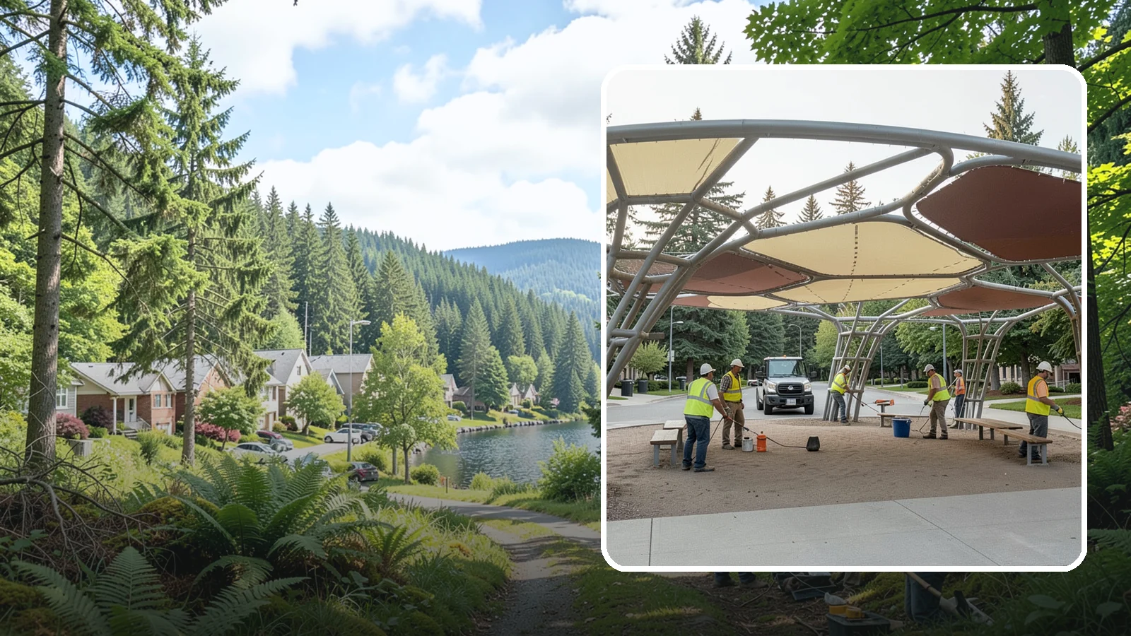 Shade Sail Installation in Lake Forest Park, King County, WA - Engineered shade sail and structure installation providing UV protection over play areas, seating, and gathering spaces.
