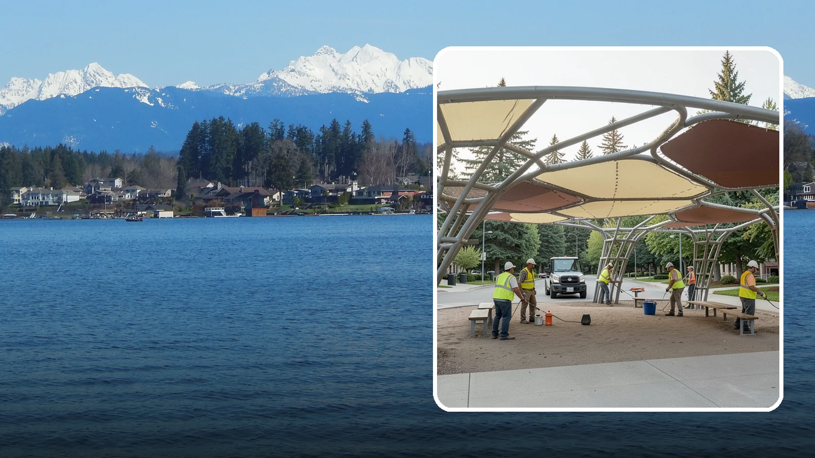 Shade Sail Installation in Lake Stevens, Snohomish County, WA - Engineered shade sail and structure installation providing UV protection over play areas, seating, and gathering spaces.