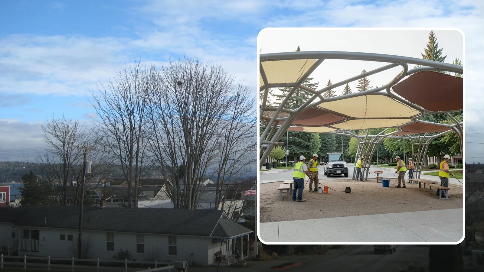 Shade Sail Installation in Langley, Island County, WA - Engineered shade sail and structure installation providing UV protection over play areas, seating, and gathering spaces.