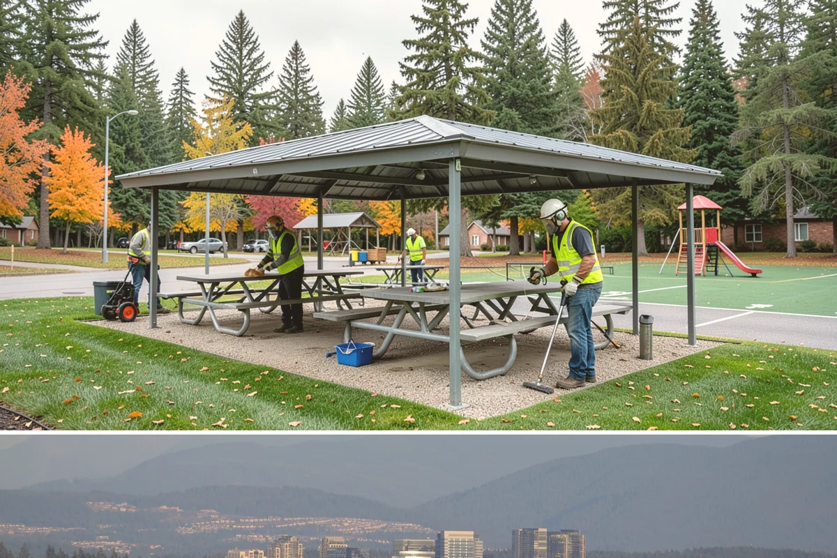 Shade Sail Installation in Medina, King County, WA - Shade structures are best installed in spring so they are in place for the sunniest summer months of heaviest park use.