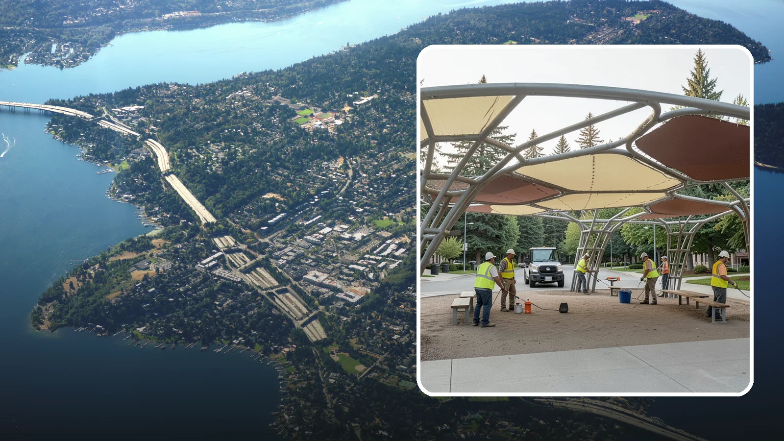 Shade Sail Installation in Mercer Island, King County, WA - Engineered shade sail and structure installation providing UV protection over play areas, seating, and gathering spaces.