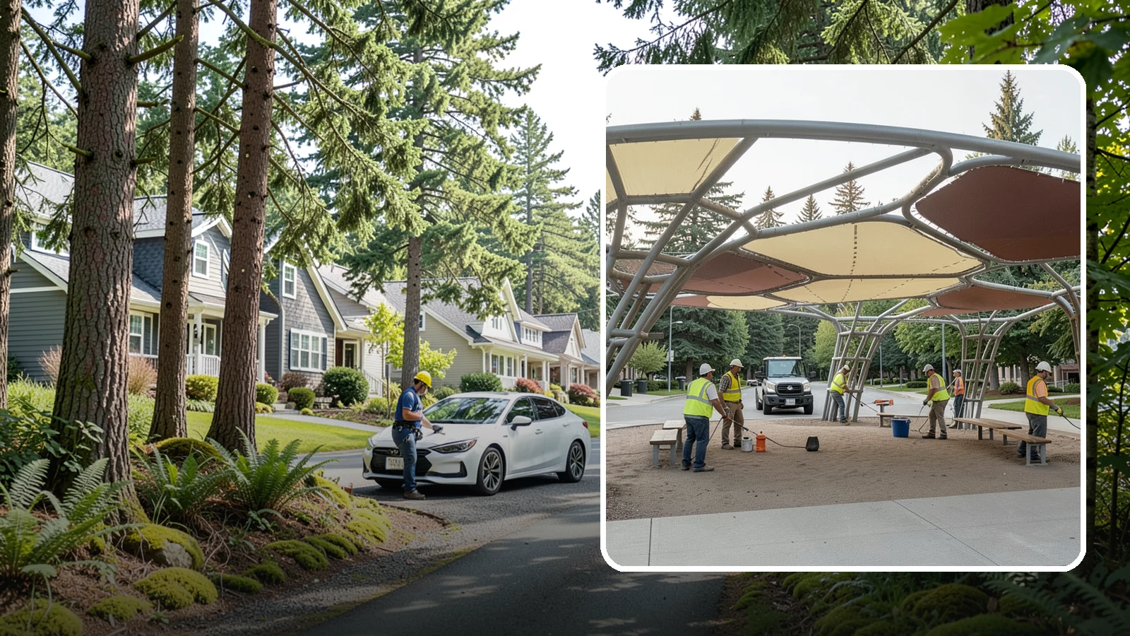 Shade Sail Installation in Normandy Park, King County, WA - Engineered shade sail and structure installation providing UV protection over play areas, seating, and gathering spaces.
