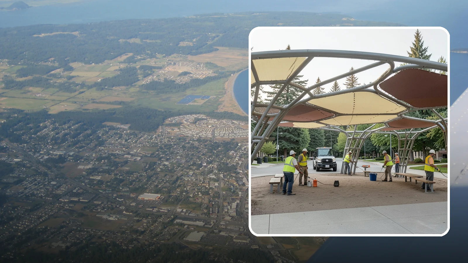 Shade Sail Installation in Oak Harbor, Island County, WA - Engineered shade sail and structure installation providing UV protection over play areas, seating, and gathering spaces.