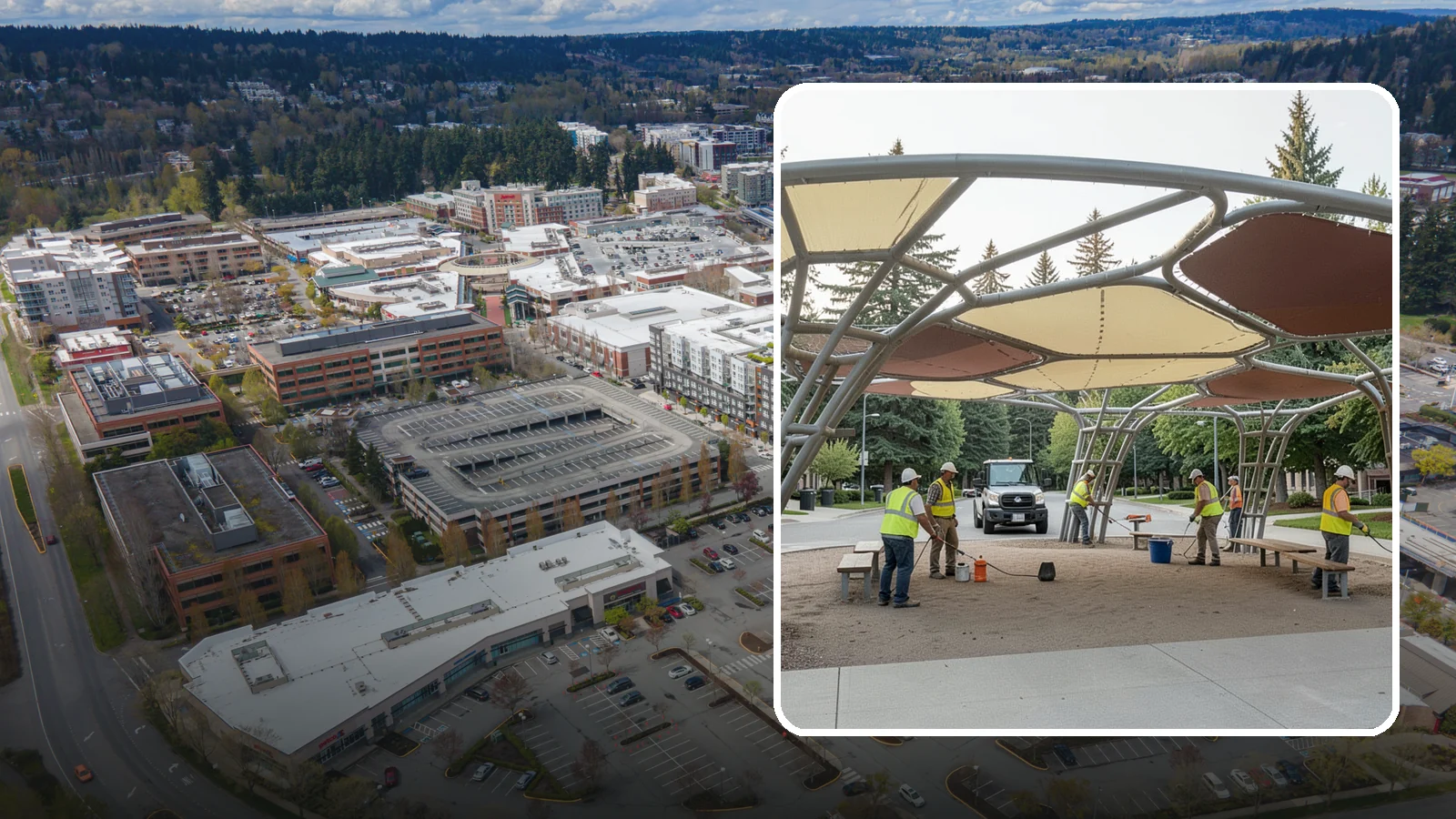 Shade Sail Installation in Redmond, King County, WA - Engineered shade sail and structure installation providing UV protection over play areas, seating, and gathering spaces.