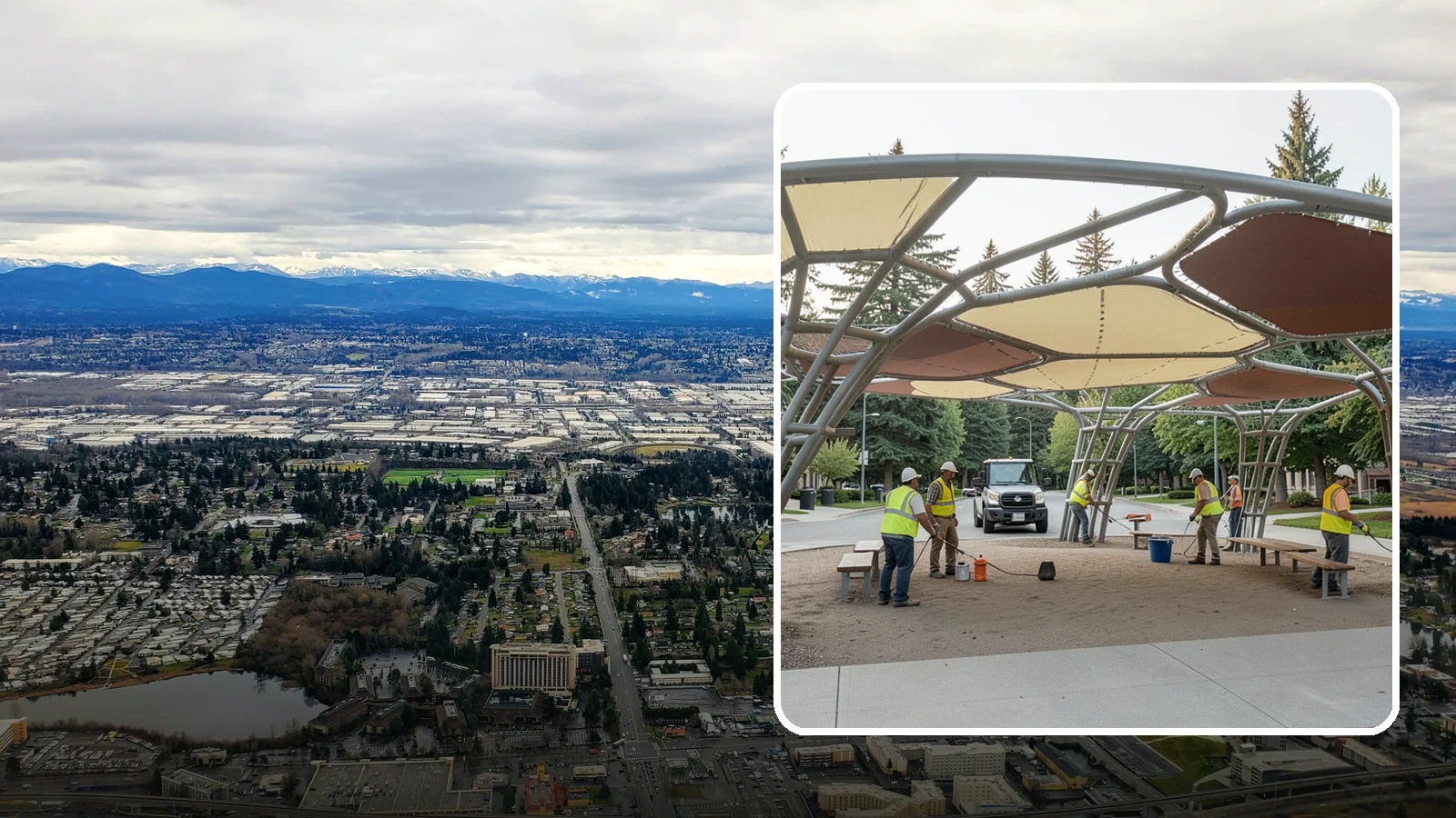 Shade Sail Installation in SeaTac, King County, WA - Engineered shade sail and structure installation providing UV protection over play areas, seating, and gathering spaces.