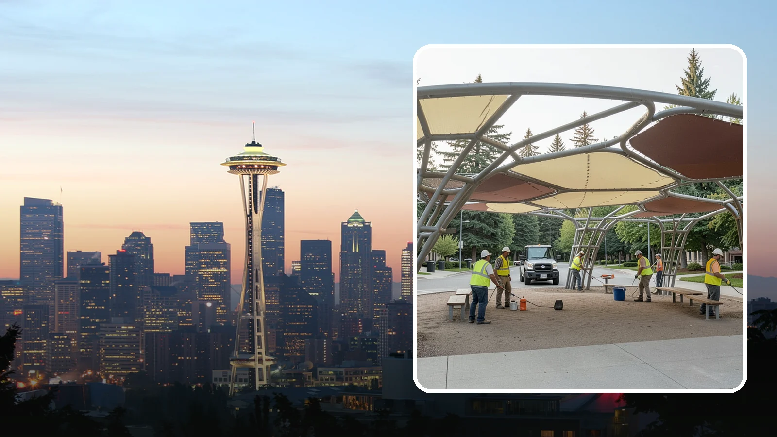 Shade Sail Installation in Seattle, King County, WA - Engineered shade sail and structure installation providing UV protection over play areas, seating, and gathering spaces.
