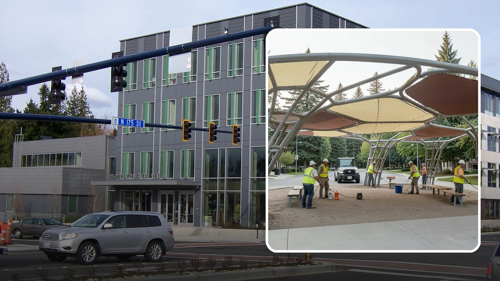 Shade Sail Installation in Shoreline, King County, WA - Engineered shade sail and structure installation providing UV protection over play areas, seating, and gathering spaces.
