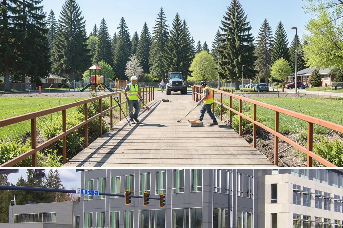 Shade Sail Installation in Shoreline, King County, WA - Shade structures are best installed in spring so they are in place for the sunniest summer months of heaviest park use.