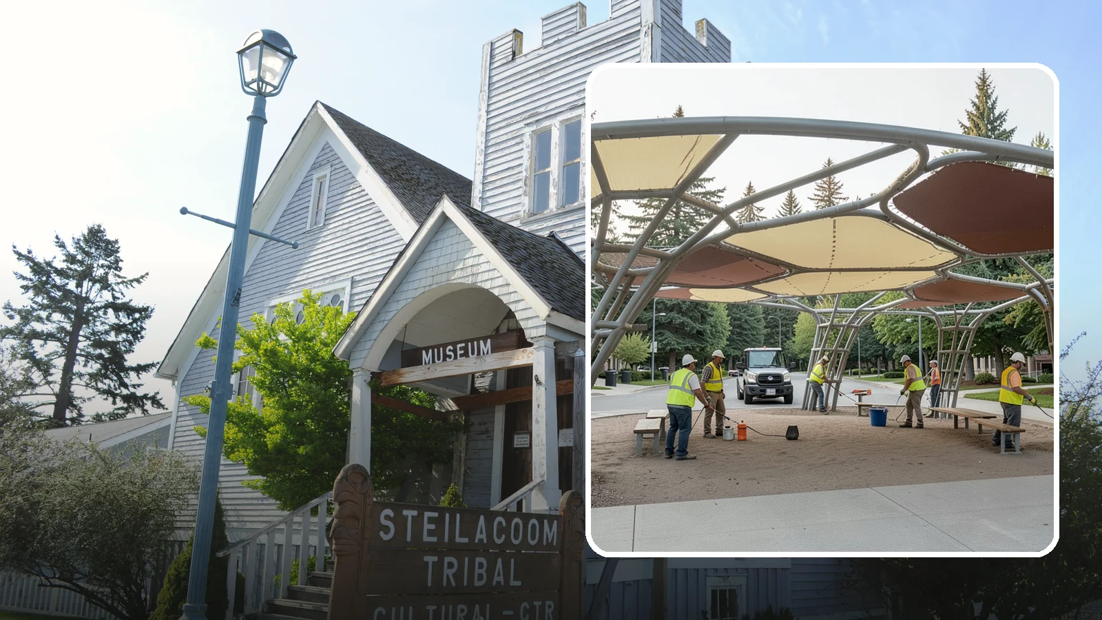 Shade Sail Installation in Steilacoom, Pierce County, WA - Engineered shade sail and structure installation providing UV protection over play areas, seating, and gathering spaces.