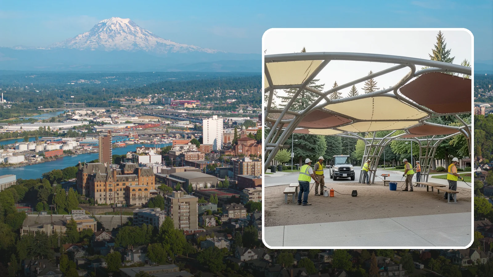 Shade Sail Installation in Tacoma, Pierce County, WA - Engineered shade sail and structure installation providing UV protection over play areas, seating, and gathering spaces.