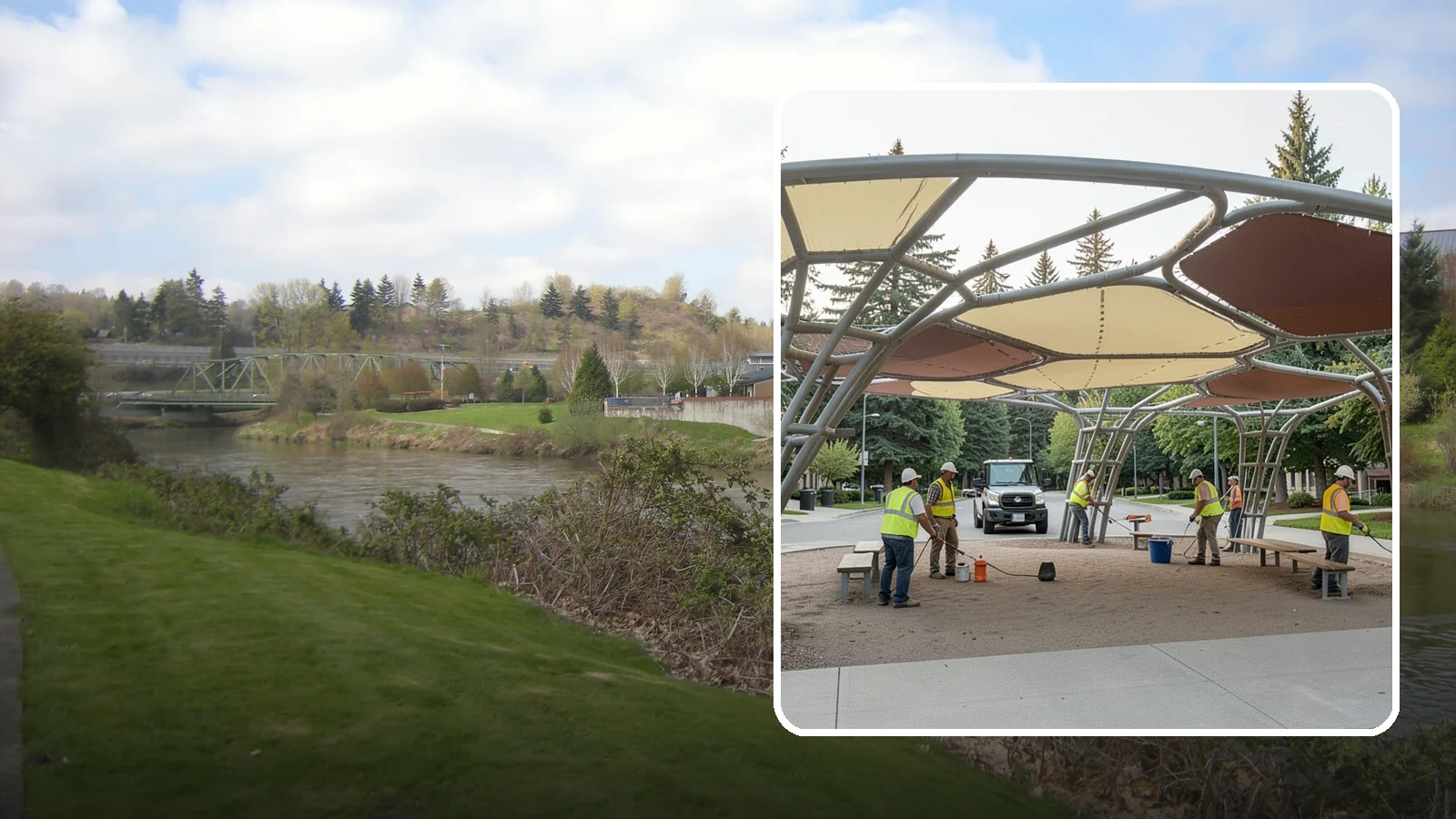 Shade Sail Installation in Tukwila, King County, WA - Engineered shade sail and structure installation providing UV protection over play areas, seating, and gathering spaces.